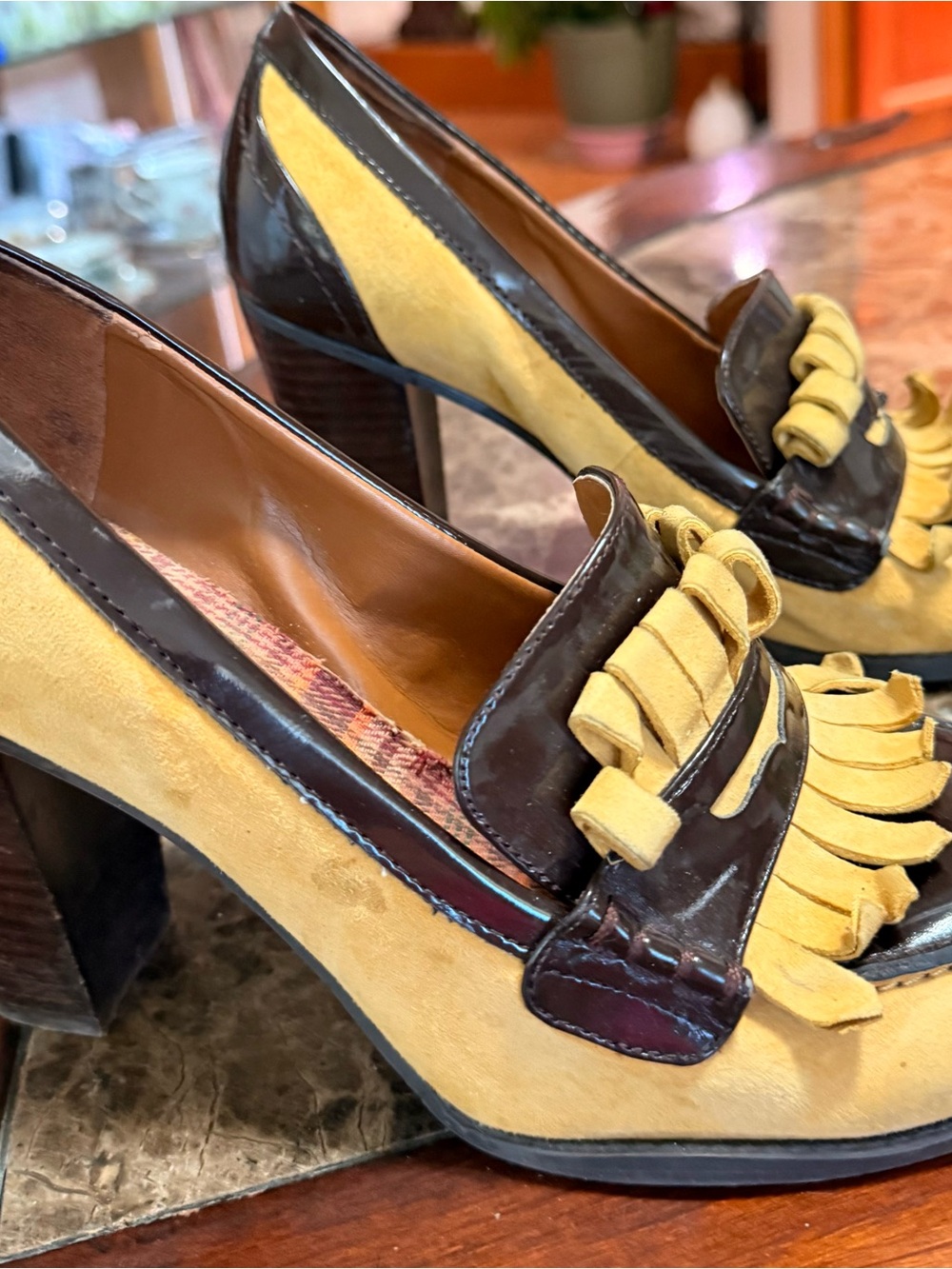 Tommy Hilfiger Yellow Suede and Dark Brown Patent Fringe Block Heel Loafers
